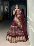 Vastranavya Traditional Every Occasion Gaji Silk Digital Print With Lagadi Patta Lehenga with Unstitched Blouse - Maroon