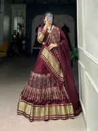 Vastranavya Traditional Every Occasion Gaji Silk Digital Print With Lagadi Patta Lehenga with Unstitched Blouse - Maroon