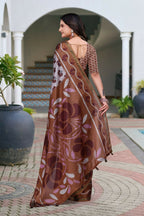 Prime Volt Women's Brown Printed Mal Cotton Saree with Designer Blouse Piece - Distacart