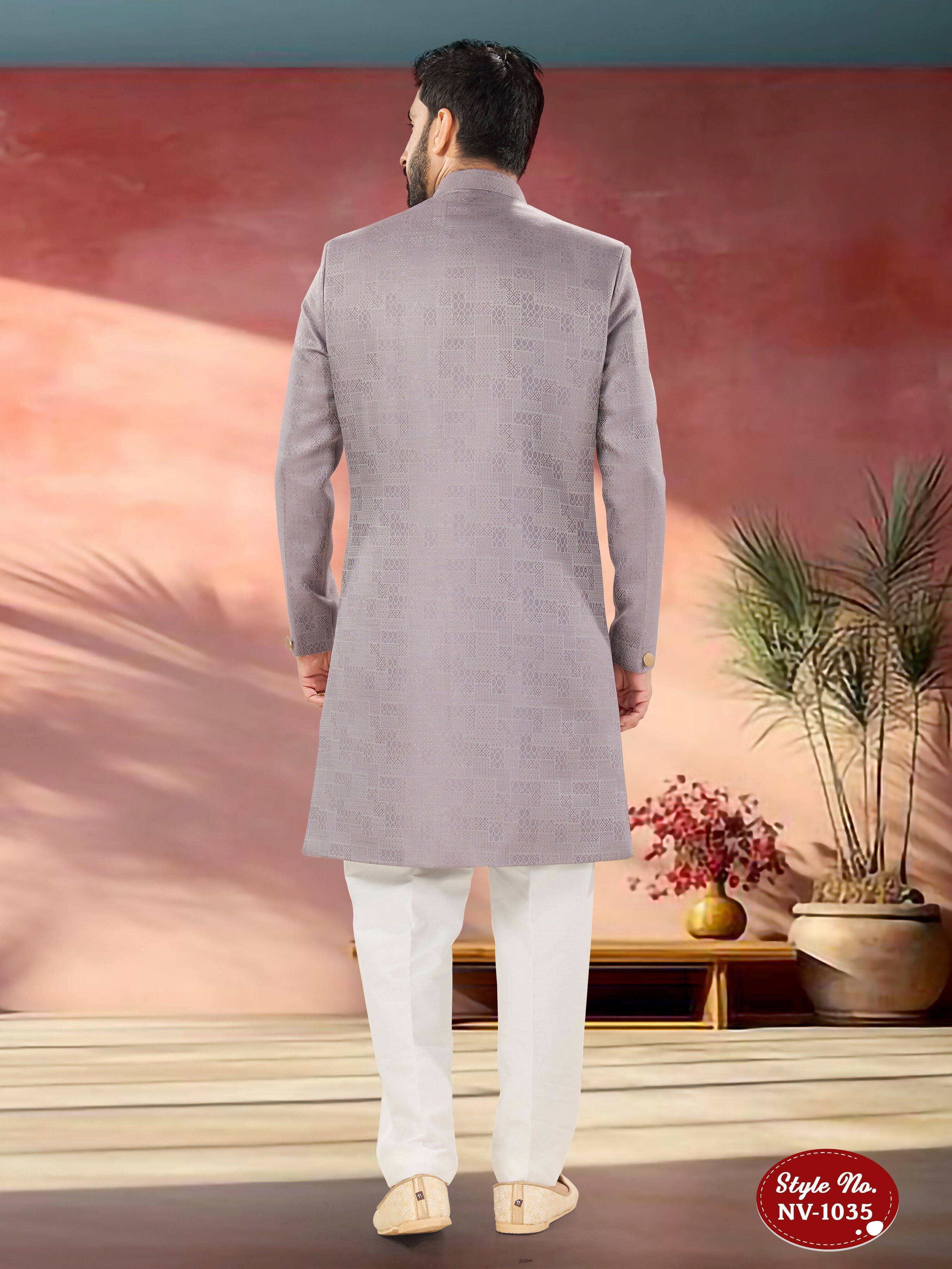 Joban Fashion Men's Light Purple Straight Imported Tr Self-Design In Fabric Indo-Western Kurta Set