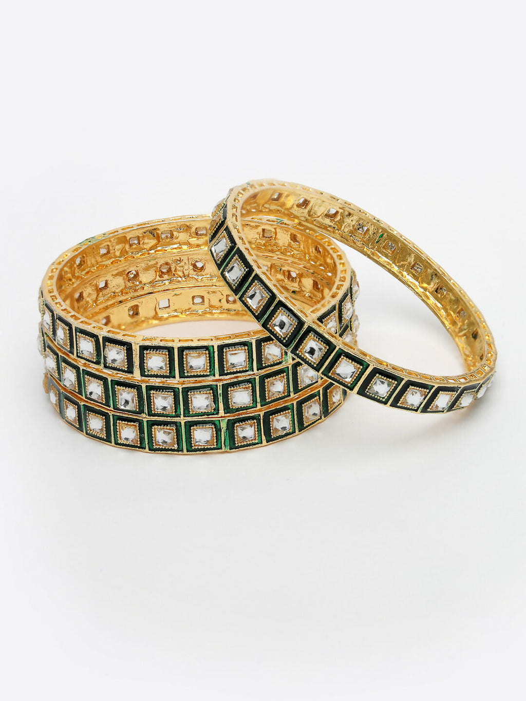 NVR Women's Set Of 4 Gold-Plated Green Kundan-Studded Traditional Bangles - Distacart