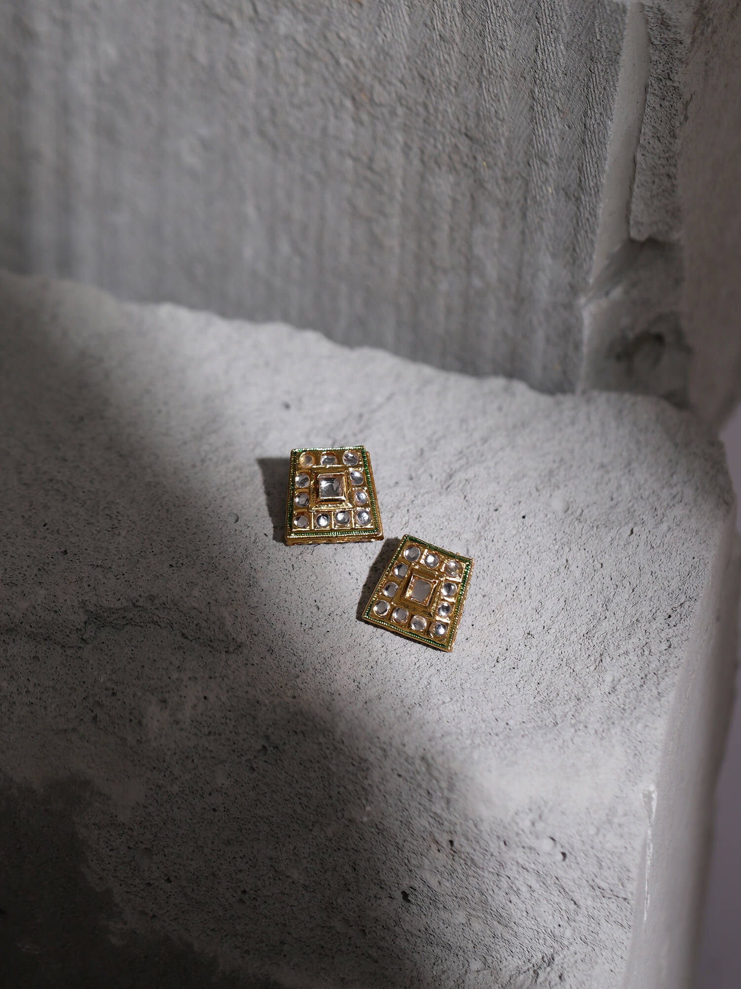 Gold-Toned White Kundan Square Shaped Gold-Plated Studs Earrings - Ruby Raang - Distacart