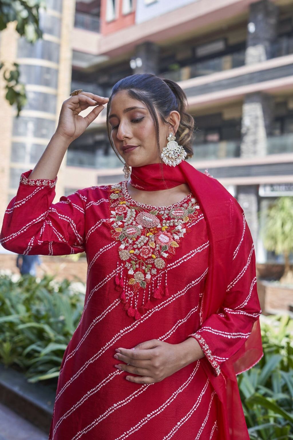 Joban Fashion Red Premium Pure Viscose Print Dola With Handwork Kurta Set