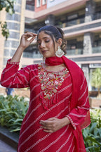 Joban Fashion Red Premium Pure Viscose Print Dola With Handwork Kurta Set