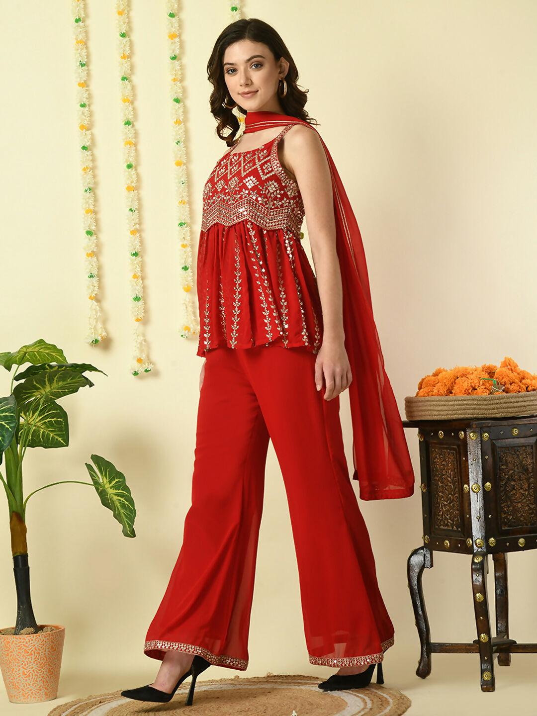 Myshka Women's Red Georgette Top & Palazzos With Dupatta Party Sets