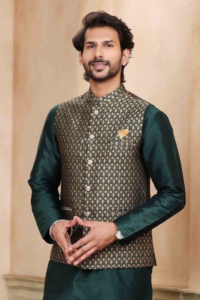 Raivat Ethnic Jacquard Banarasi Silk Woven Work 3 Pics Jacket Set In Green Colour - Distacart