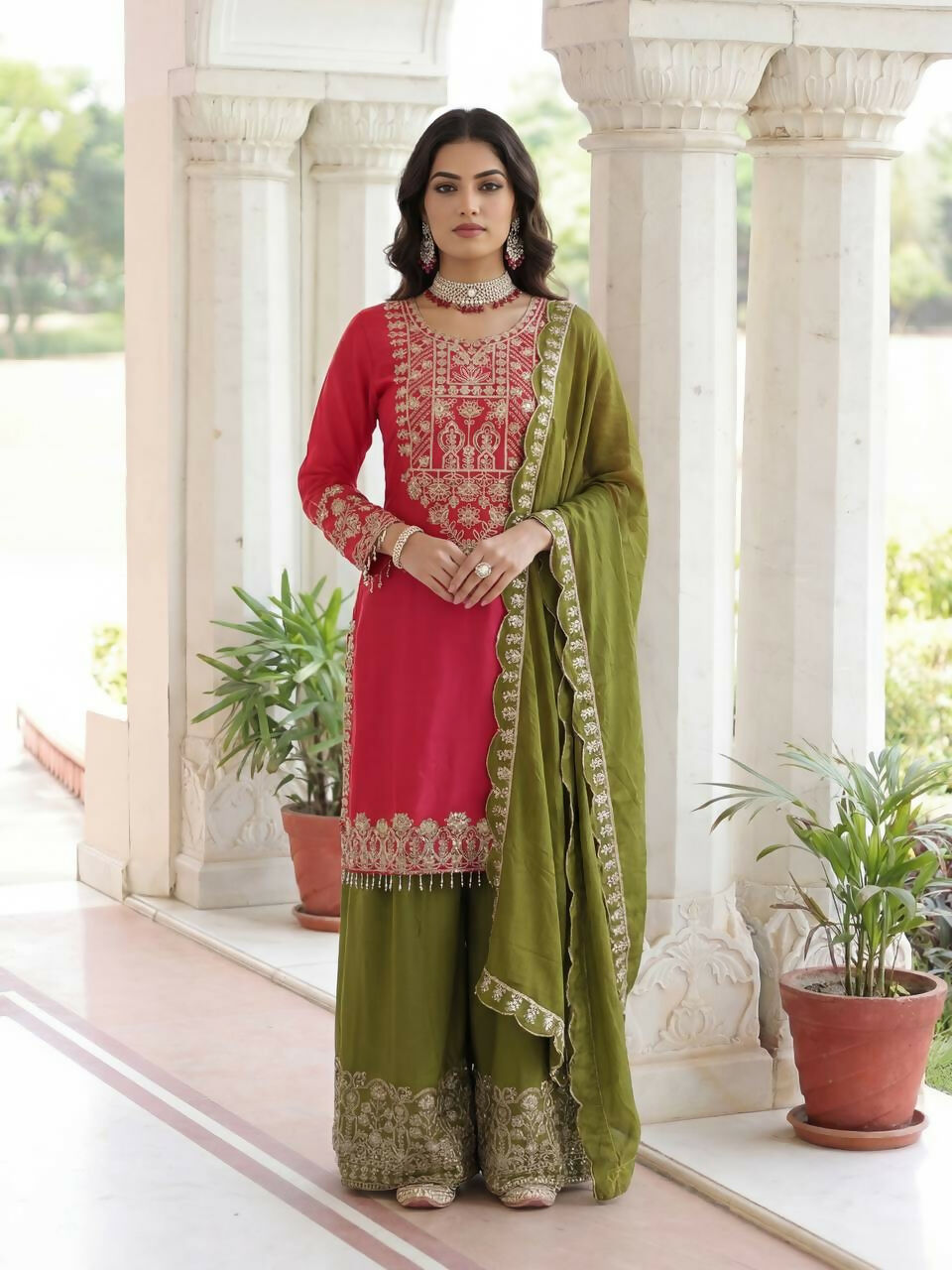Teeya Creation Rani Chinon Silk Designer Wedding Wear Embroidery Work Palazzo - Distacart