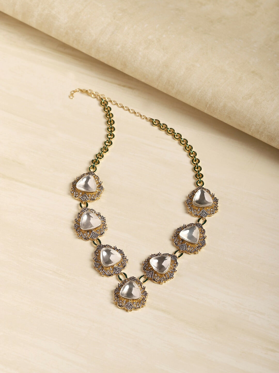 Long Dual Tone Kundan and Diamond Neckpiece- Ruby Raang