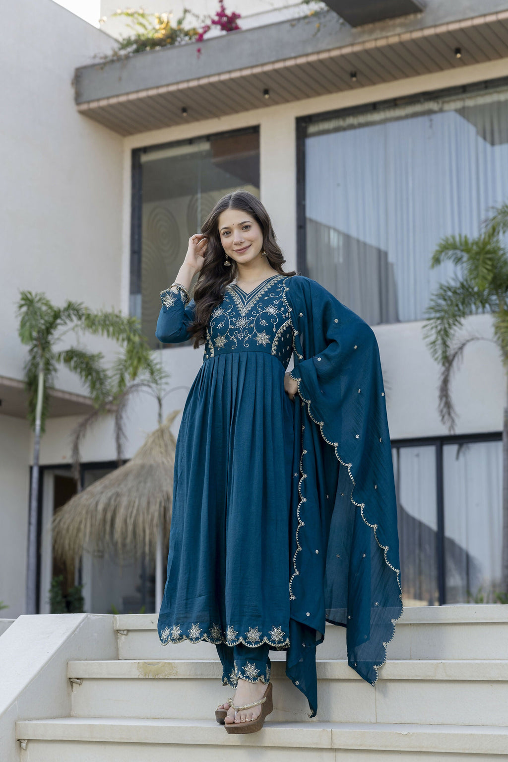 The52 Women's Beautiful Embroidery Work Vichitra Silk Fabric Flared Anarkali Pant and Dupatta Set - Distacart