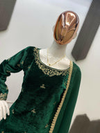 Vastranavya Green Velvet Sequence Embroidery Work Kurta & Bottom With Dupatta - Distacart
