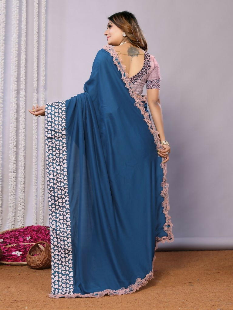 Teal Blue Silk Georgette Laser Cut Embroidery Wired Frills Saree - Norita Saumya