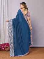 Teal Blue Silk Georgette Laser Cut Embroidery Wired Frills Saree - Norita Saumya
