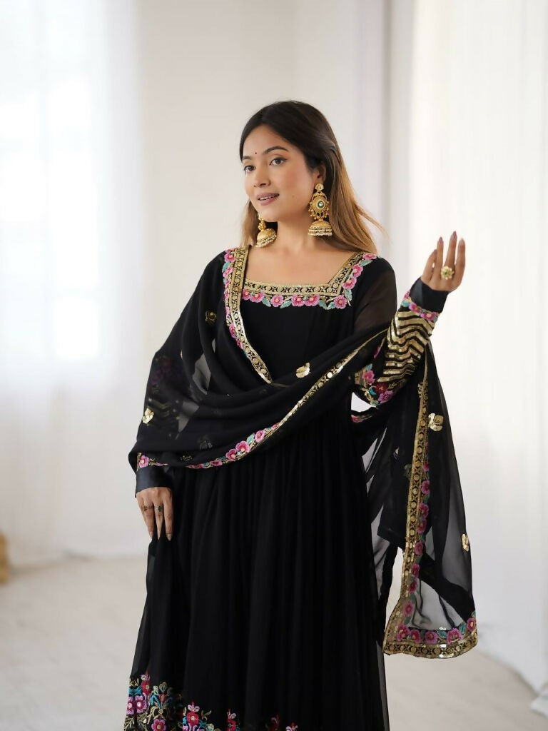 Teeya Creation Black Color Heavy Georgette Wedding Wear Embroidery Work Long Gown - Distacart