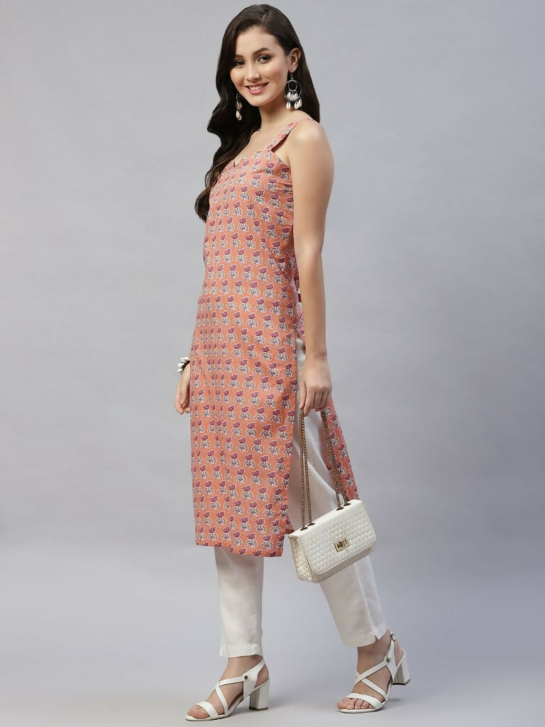 Miravan Women's Floral Printed Strappy Peach Straight Kurta