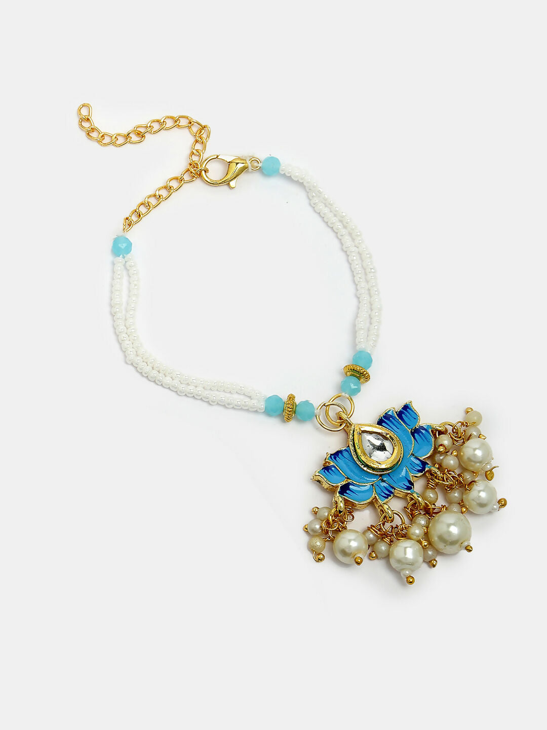 NVR Women & Men Set of 2 Blue Lotus Shape Kundan-Studded & Beaded Handcrafted Wraparound Rakhi Set With Roli Chawal - Distacart