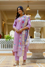 The52 Lavender Women's Gorgeous Embroidered work Viscose Gadhwal Fabric Straight Kurta, Pant and Dupatta Set - Distacart
