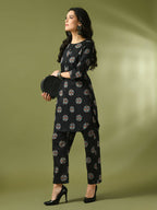 Myshka Women's Black Printed Cotton Round Neck Party Tunic With Trousers Co-ord set