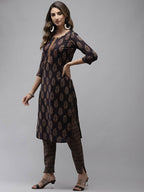 Yufta Women Navy Blue Sequinned Pure Cotton Kurta with Trouser