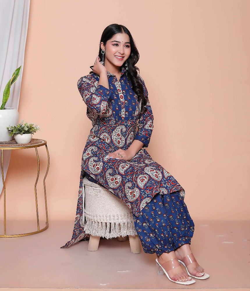 Miravan Womens Cotton Floral Printed Shirt-Collar Straight Kurta And Palazzo Set - Distacart