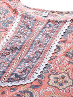 Yufta Peach Hand Block Printed Kurta with Trouser and Dupatta