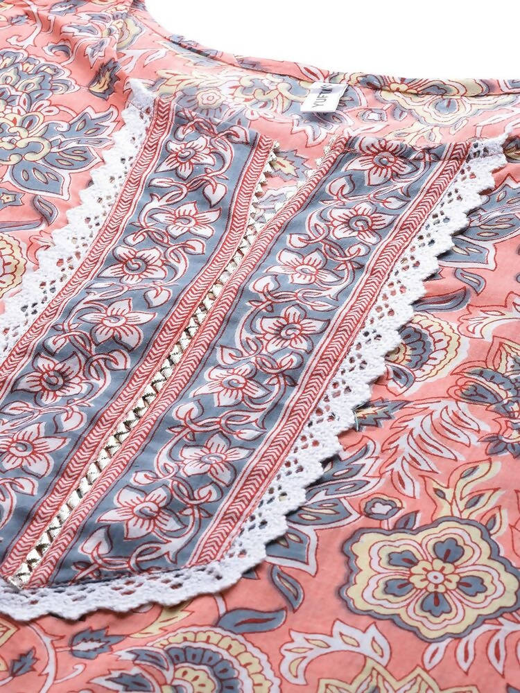 Yufta Peach Hand Block Printed Kurta with Trouser and Dupatta