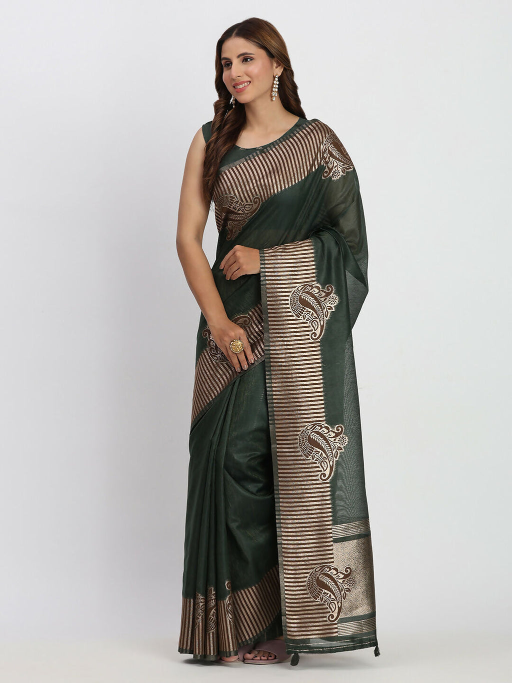Shree Shyam Fashion Linen Cotton Dark Green Saree - Distacart