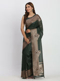 Shree Shyam Fashion Linen Cotton Dark Green Saree - Distacart