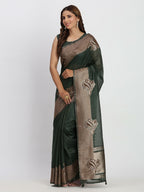 Shree Shyam Fashion Linen Cotton Dark Green Saree - Distacart