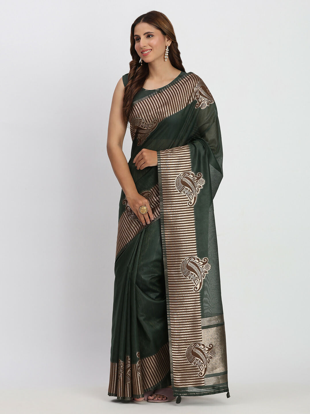 Shree Shyam Fashion Linen Cotton Dark Green Saree - Distacart