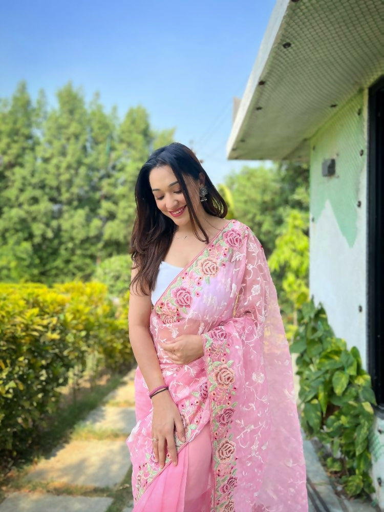 Vamsee Zoya Baby Pink Organza Silk Saree