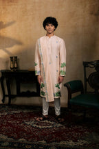 Falling Raw Silk Peach Gajavana Kurta Set By Hilo Design