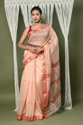 Very Much Indian Handloom Cotton Silk Maheshwari Saree With Sleek Golden Border - Beige