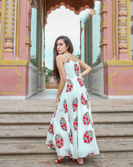 Designer Partywear Printed White Pure Maslin Gown - Anbazaar
