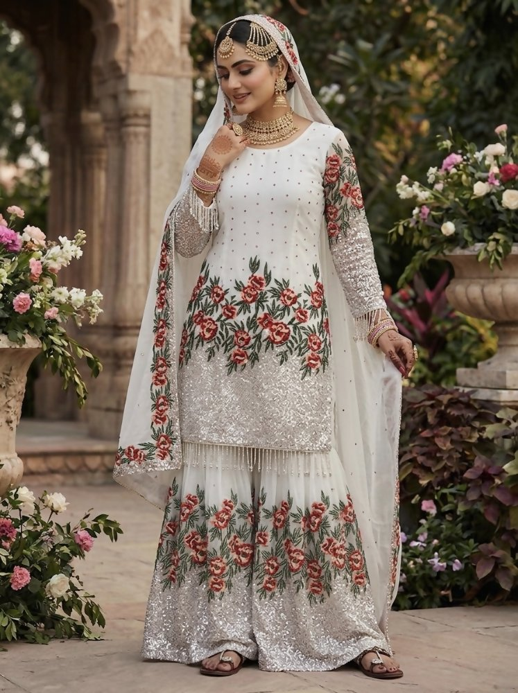 Teeya Creation White Fendy Silk Heavy Embroidery Work Party Wear Sharara Suit - Distacart