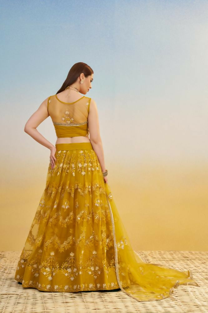 Aastha Fashion Mustard Yellow Butterfly Net Tone To Tone Cotton Thread Work And Sequence Work Embroidery Wedding Wear Lehenga Choli