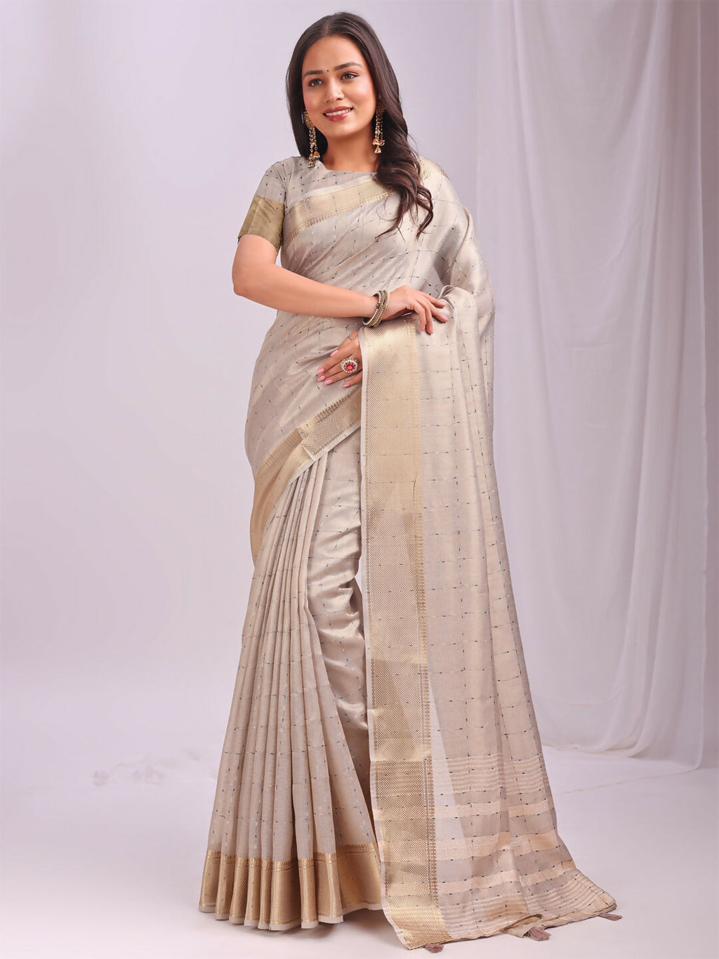 Shree Shyam Fashion Organza Cream Saree - Distacart