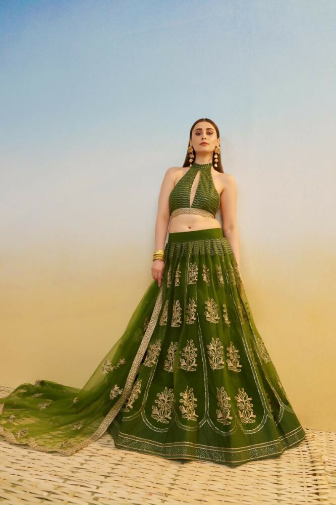 Aastha Fashion Mehandi Green Butterfly Net Tone To Tone Cotton Thread Work And Sequence Work Embroidery Wedding Wear Lehenga Choli