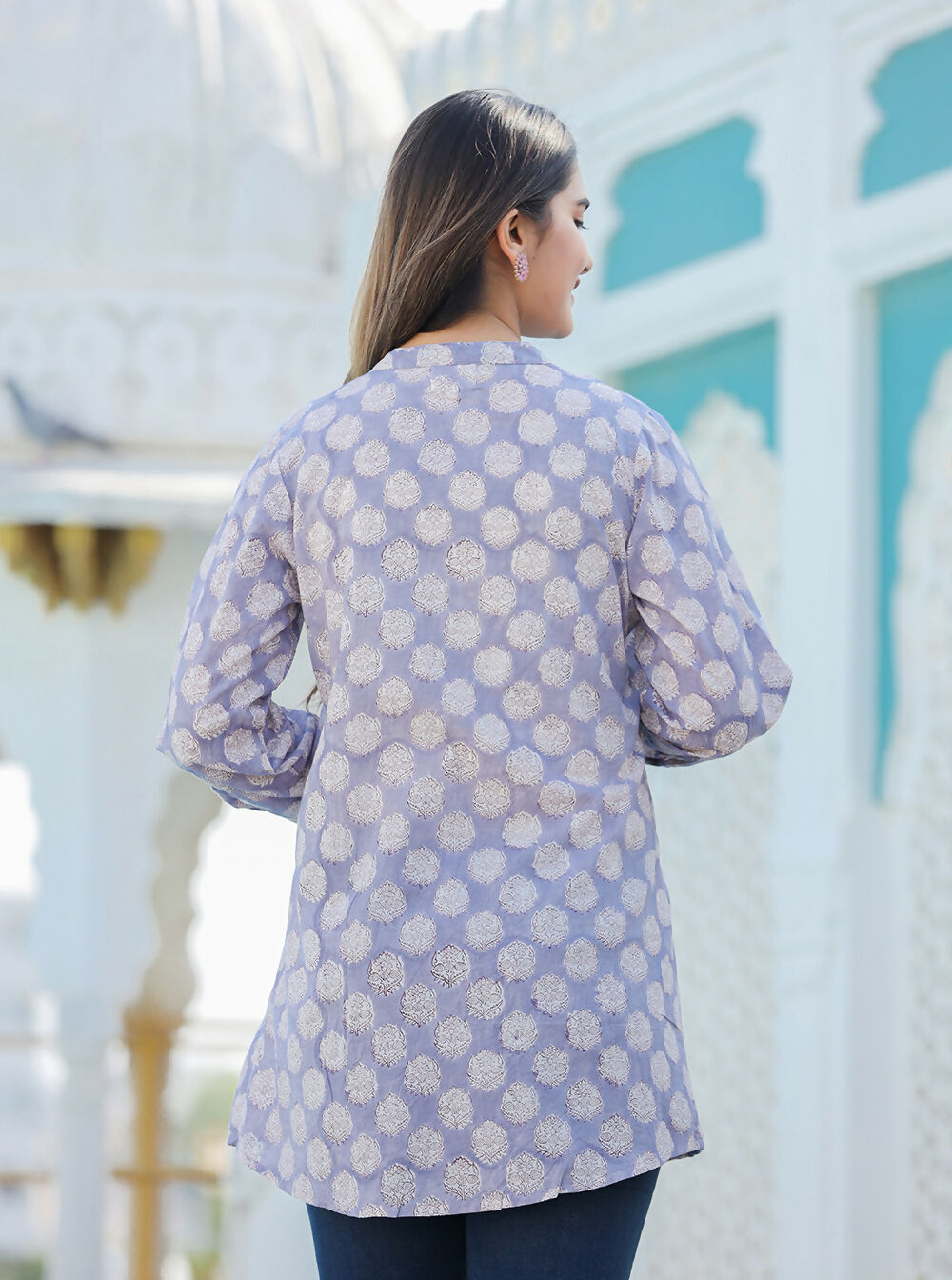 Kaajh Women's Grey Hand Block Printed Cotton Top