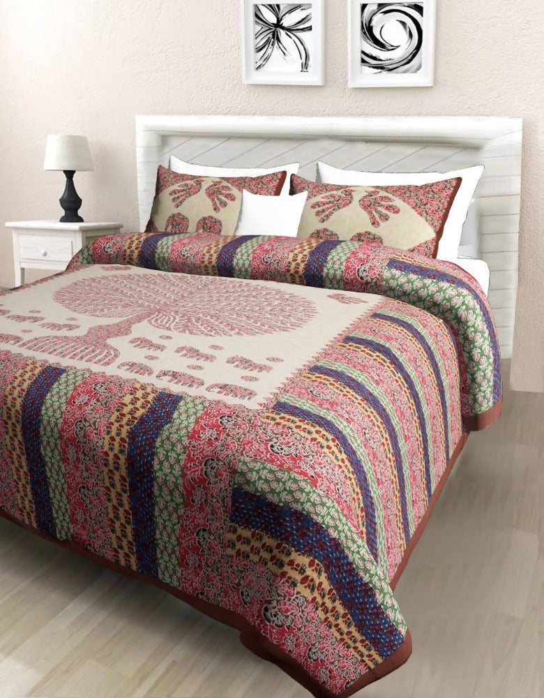 Vamika Printed Cotton Tree Stripe Brown Bedsheet With Pillow Covers (PM Treestripe Brown)