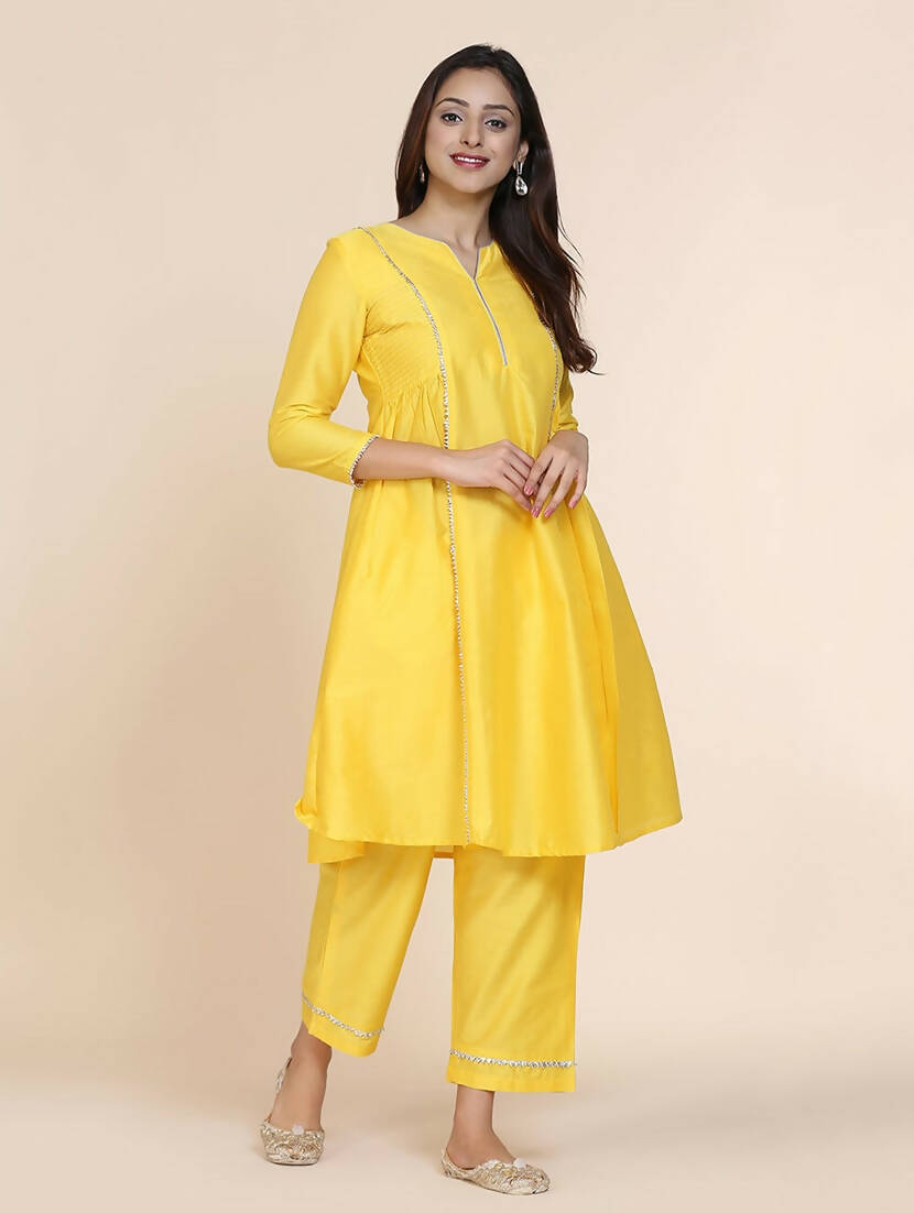 Cheera Women's Yellow Silk Blend With Gota Work Frock Dress With Silk Straight Pant Set