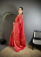 Joban Fashion Red Paisley & Floral Soft Satin Silk Banarasi Silk Saree - Distacart