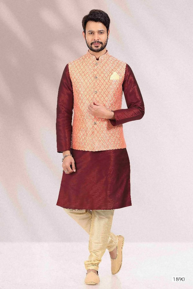Raivat Ethnic Jacquard Banarasi Silk Woven Work 3 Pics Jacket Set In Peach Colour - Distacart