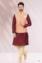 Raivat Ethnic Jacquard Banarasi Silk Woven Work 3 Pics Jacket Set In Peach Colour - Distacart