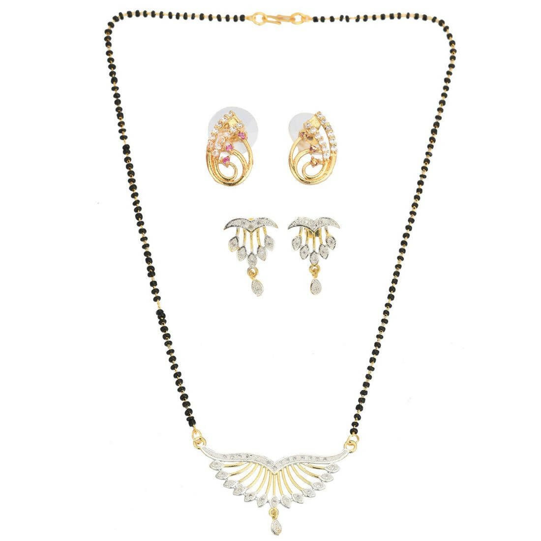 AanyaCentric Gold-Polished Mangalsutra with Pendant, 2 Pair Earrings