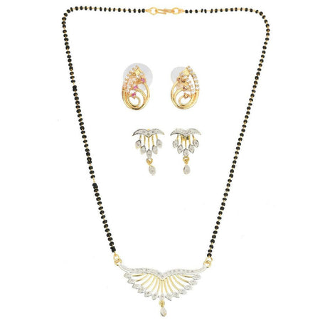 AanyaCentric Gold-Polished Mangalsutra with Pendant, 2 Pair Earrings