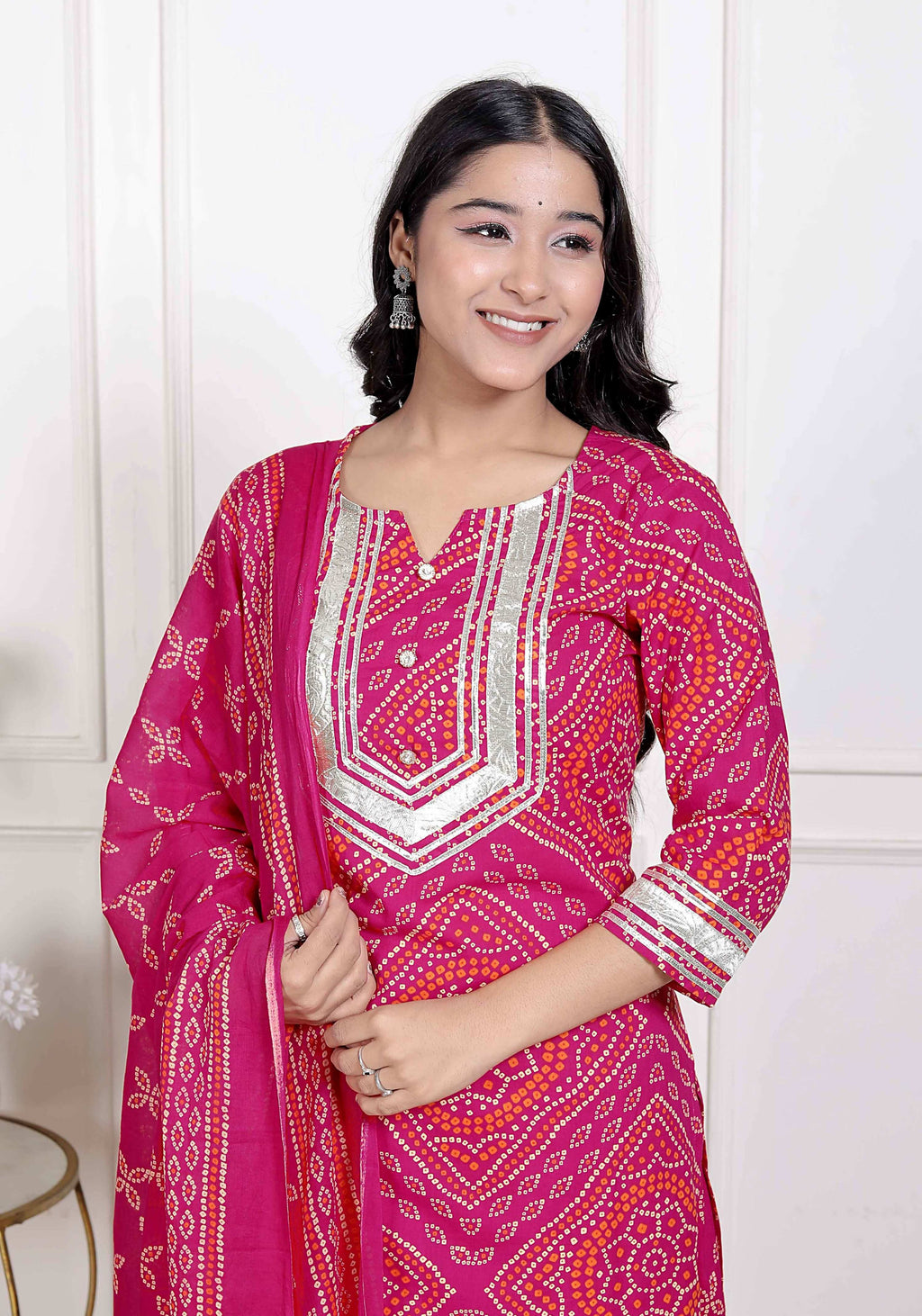 Miravan Women's Pink Bandhani Printed Straight Kurta with Palazzo & Dupatta