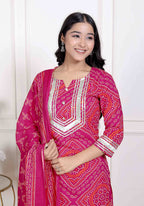Miravan Women's Pink Bandhani Printed Straight Kurta with Palazzo & Dupatta