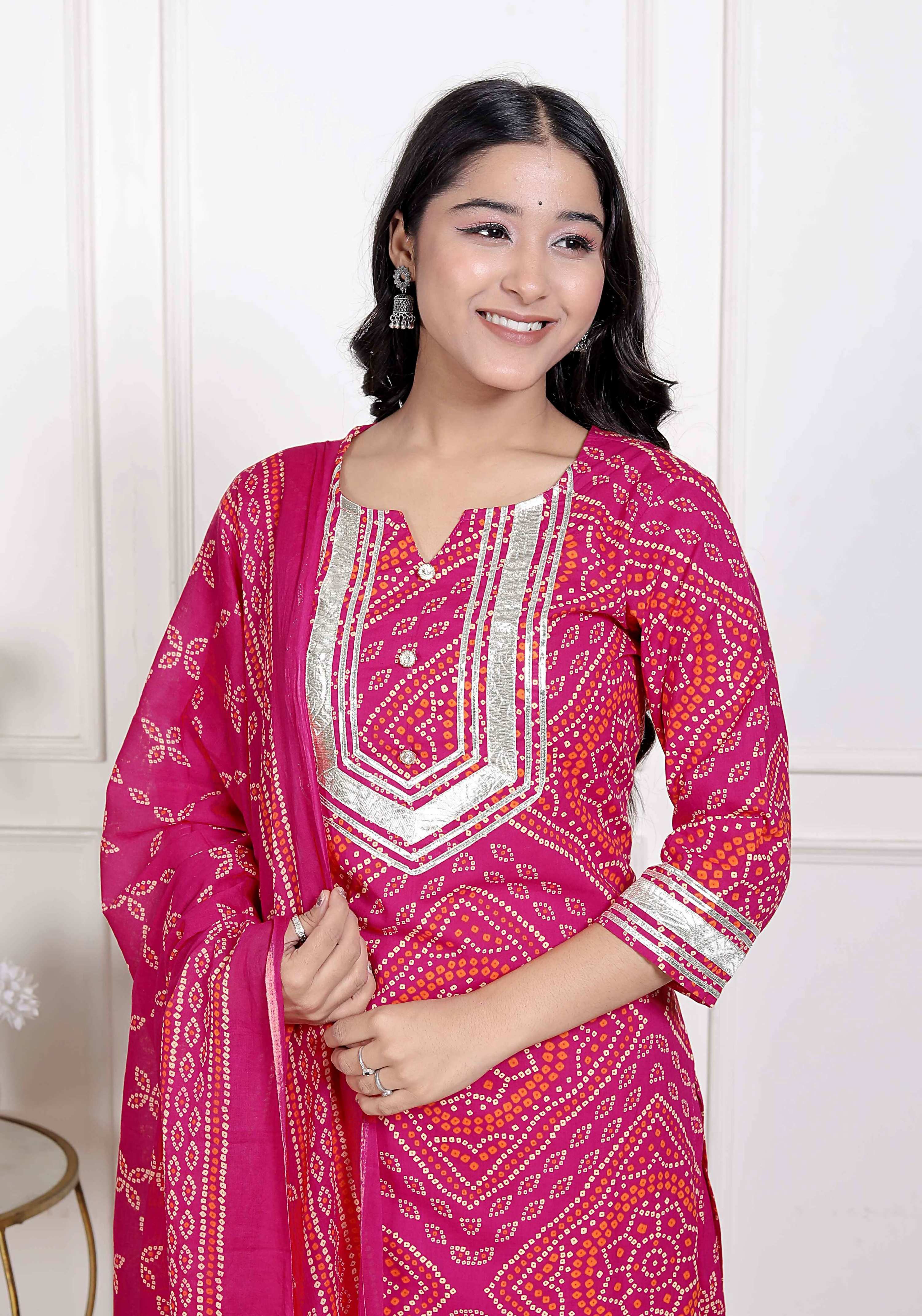 Miravan Women's Pink Bandhani Printed Straight Kurta with Palazzo & Dupatta