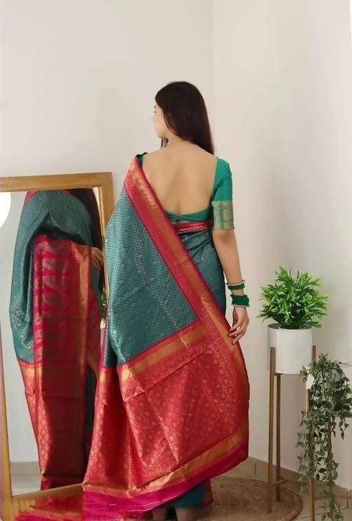 DEIANA'S Beautiful Designer Golden zari Soft Lichi Silk Saree - Blue