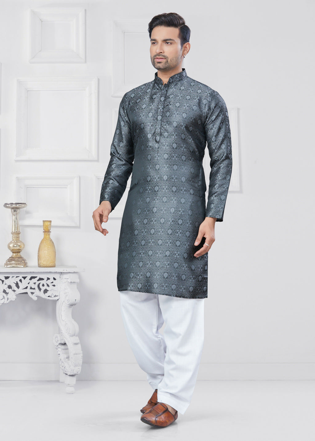 Joban Fashion Men's Jacquard Silk Grey Printed Kurta Pyjama set